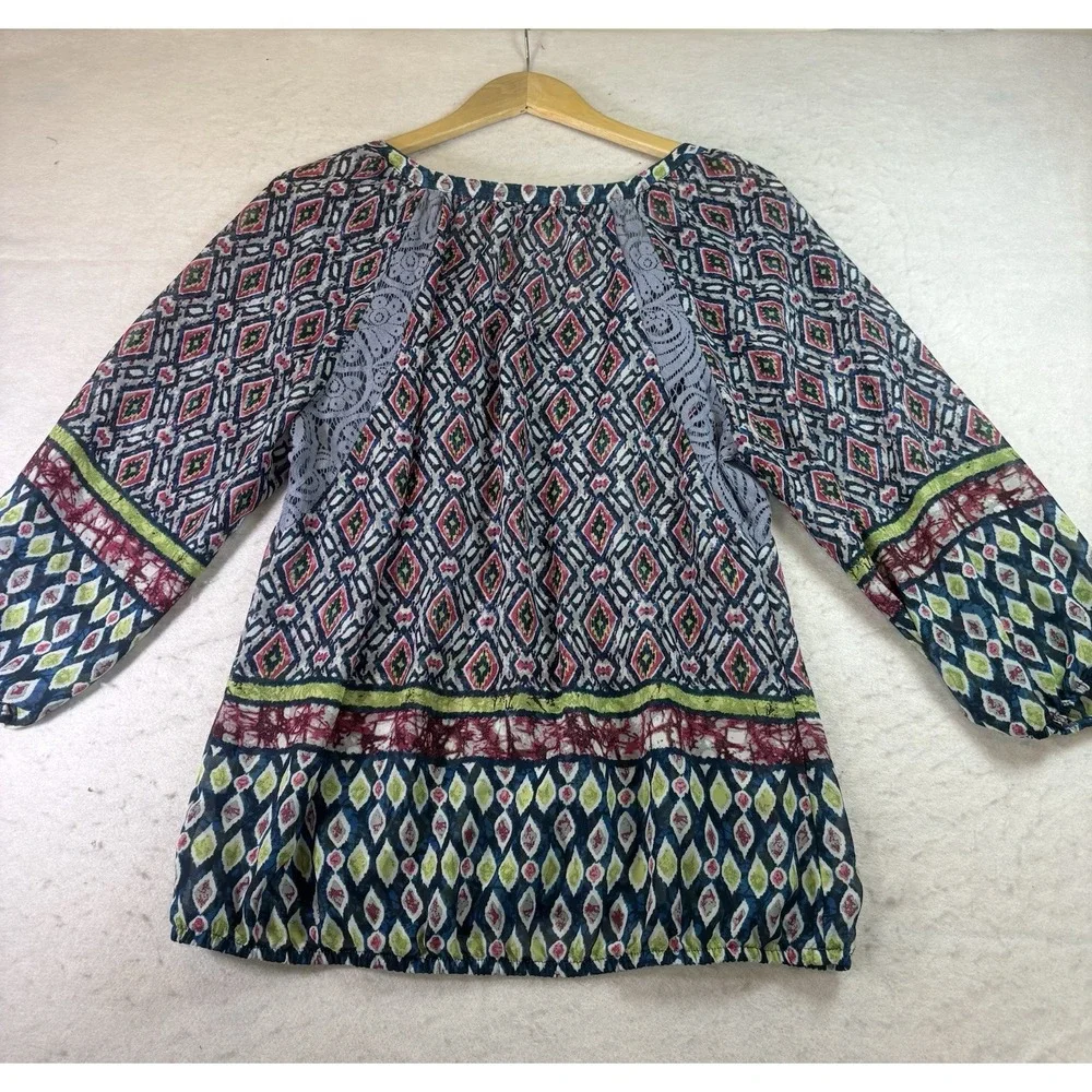 Olive Hill Women's Floral Boho Peasant Top Sz L 3/4 Sleeve W/Lace Insert